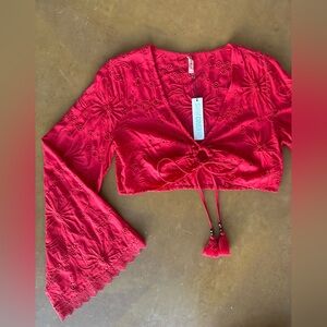 Red Embroidery Bell Sleeve Tie Crop Top / Cover Up